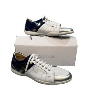 GooDoo Men's‎ Size 10 White Blue Silver Leather Sneakers C011 NWT Box